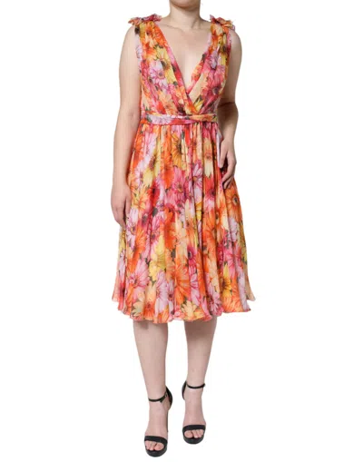 Dolce & Gabbana Multicolor Floral Sleeveless V-neck Midi Dress In Multicolor