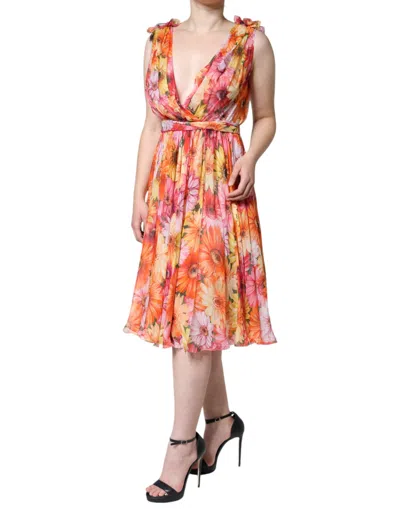 Dolce & Gabbana Multicolor Floral Sleeveless V-neck Midi Dress In Multicolor