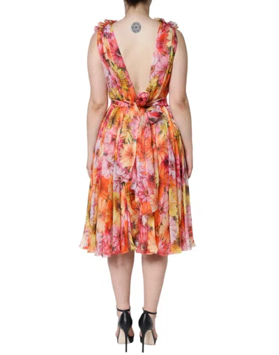 Dolce & Gabbana Multicolor Floral Sleeveless V-neck Midi Dress In Multicolor