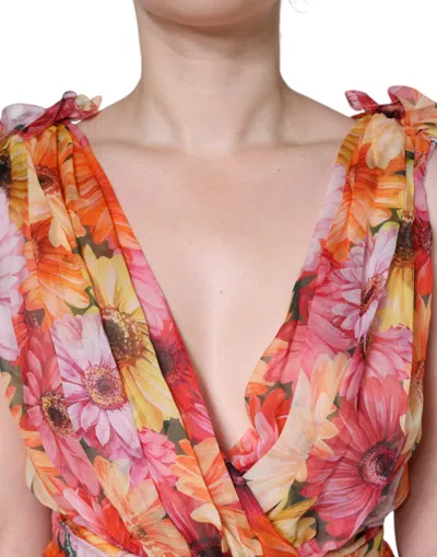 Dolce & Gabbana Multicolor Floral Sleeveless V-neck Midi Dress In Multicolor