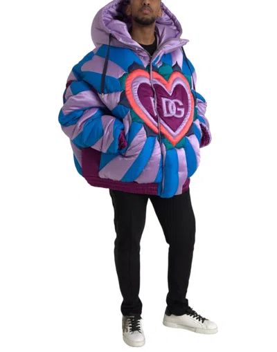 Dolce & Gabbana Multicolor Heart Logo Hooded Puffer Jacket In Multicolor