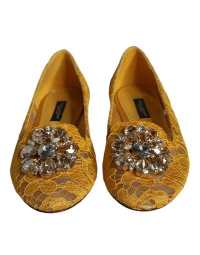 Dolce & Gabbana Mustard Lace Crystal Ballet Flats Loafer Women's Shoes In Mustard