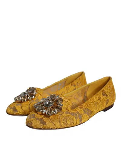 Dolce & Gabbana Mustard Lace Crystal Ballet Flats Loafer Women's Shoes In Mustard