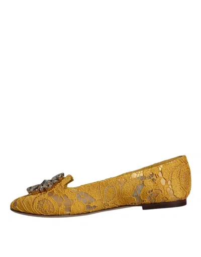 Dolce & Gabbana Mustard Lace Crystal Ballet Flats Loafer Women's Shoes In Mustard