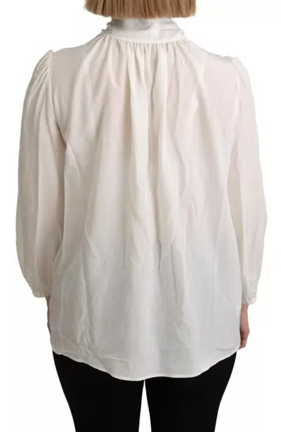 Pre-owned Dolce & Gabbana Off White Scarfneck Long Sleeves Blouse Silk Women's Top ()