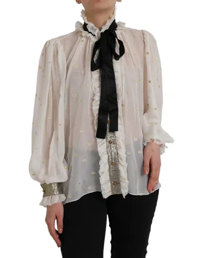 Dolce & Gabbana Off White Silk Blend Ascot Collar Blouse Top In Off White