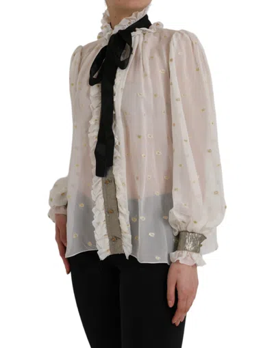 Dolce & Gabbana Off White Silk Blend Ascot Collar Blouse Top In Off White
