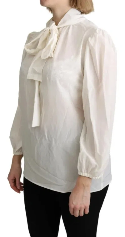 Pre-owned Dolce & Gabbana Off White Scarfneck Long Sleeves Blouse Silk Women's Top ()
