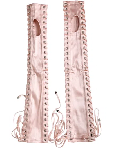 Pre-owned Dolce & Gabbana Pink Acetate Lace Up Fingerless Women's Gloves ()