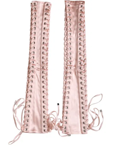 Pre-owned Dolce & Gabbana Pink Acetate Lace Up Fingerless Women's Gloves ()