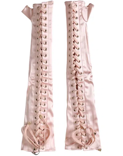 Pre-owned Dolce & Gabbana Pink Acetate Lace Up Fingerless Women's Gloves ()