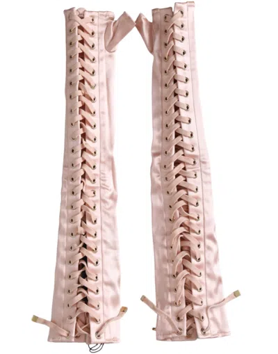 Pre-owned Dolce & Gabbana Pink Acetate Lace Up Fingerless Women's Gloves ()