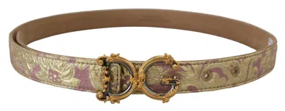 Dolce & Gabbana Pink Jaquard Dg Logo Gold Metal Buckle Belt In Pink