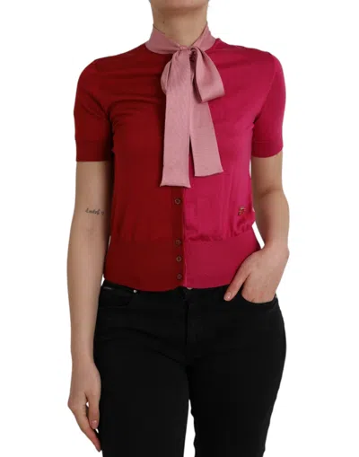 Dolce & Gabbana Pink Short Sleeves Pullover Ascot Collar Top In Pink