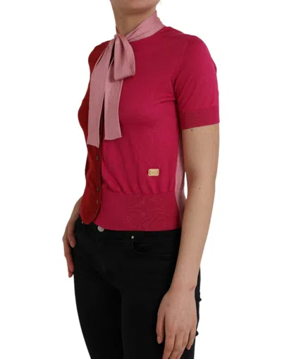 Dolce & Gabbana Pink Short Sleeves Pullover Ascot Collar Top In Pink