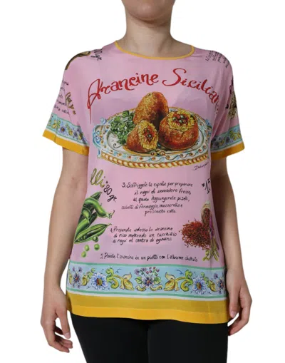 Dolce & Gabbana Pink Silk Araneine Siciliana Print Short Sleeves Top In Pink