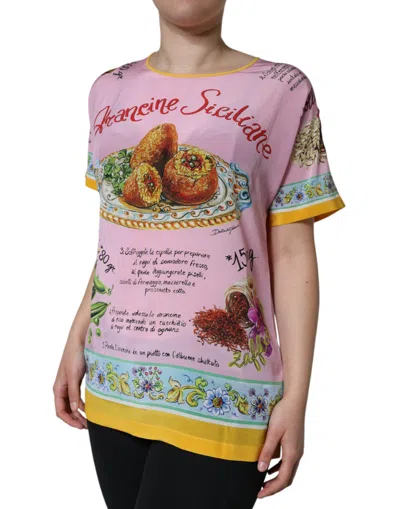 Dolce & Gabbana Pink Silk Araneine Siciliana Print Short Sleeves Top In Pink