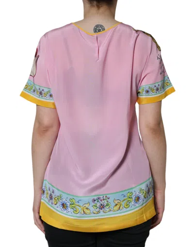 Dolce & Gabbana Pink Silk Araneine Siciliana Print Short Sleeves Top In Pink