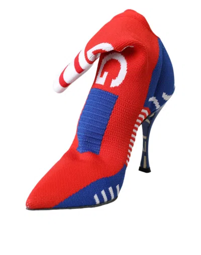 Pre-owned Dolce & Gabbana Red Blue Stretch Sock Style Ankle Boots Logo Women's Shoes () In Multicolor