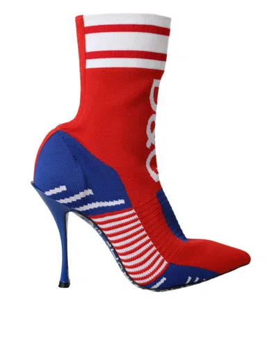Dolce & Gabbana Red Blue Stretch Sock Style Short Boots Logo Women's Shoes In Multicolor