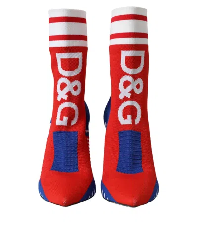 Dolce & Gabbana Red Blue Stretch Sock Style Short Boots Logo Women's Shoes In Multicolor