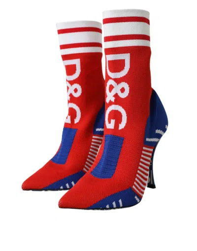 Dolce & Gabbana Red Blue Stretch Sock Style Short Boots Logo Women's Shoes In Multicolor