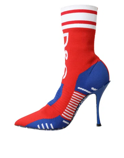 Pre-owned Dolce & Gabbana Red Blue Stretch Sock Style Ankle Boots Logo Women's Shoes () In Multicolor