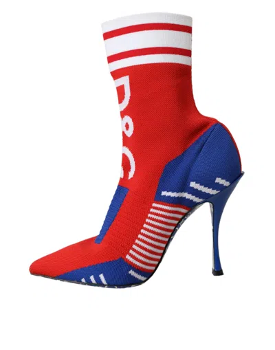 Dolce & Gabbana Red Blue Stretch Sock Style Short Boots Logo Women's Shoes In Multicolor