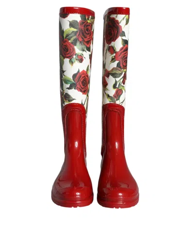 Dolce & Gabbana Red Floral Rubber Knee High Flat Boots Shoes In Red