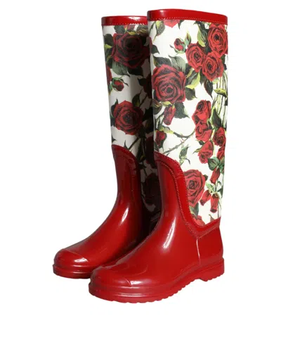 Dolce & Gabbana Red Floral Rubber Knee High Flat Boots Shoes In Red