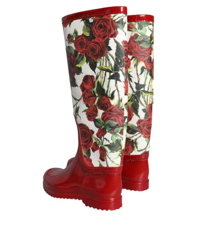Dolce & Gabbana Red Floral Rubber Knee High Flat Boots Shoes In Red