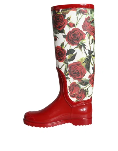 Dolce & Gabbana Red Floral Rubber Knee High Flat Boots Shoes In Red