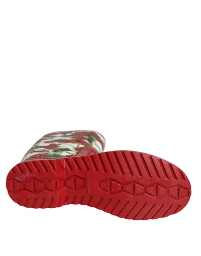 Dolce & Gabbana Red Floral Rubber Knee High Flat Boots Shoes In Red