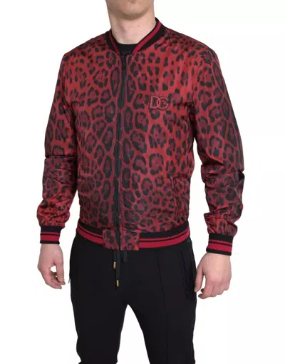 Pre-owned Dolce & Gabbana Red Leopard Bomber Short Coat Men's Jacket ()