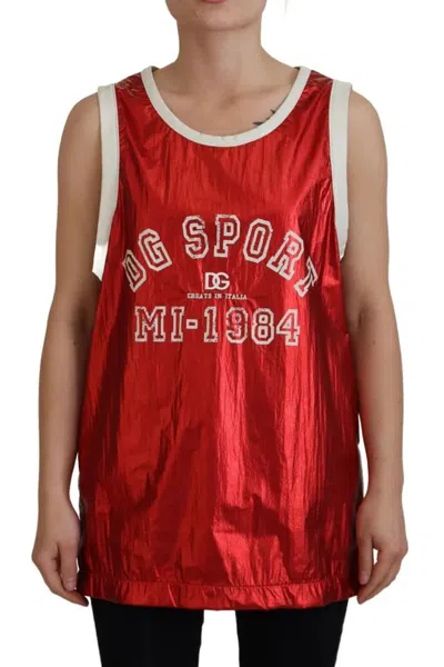 Pre-owned Dolce & Gabbana Red Nylon Logo Print Sleeveless Jersey Women's Top () In White And Red