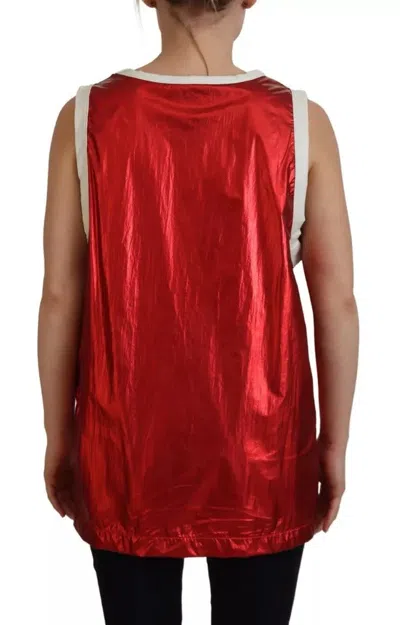 Pre-owned Dolce & Gabbana Red Nylon Logo Print Sleeveless Jersey Women's Top () In White And Red