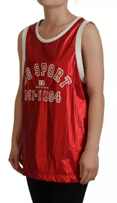 Pre-owned Dolce & Gabbana Red Nylon Logo Print Sleeveless Jersey Women's Top () In White And Red
