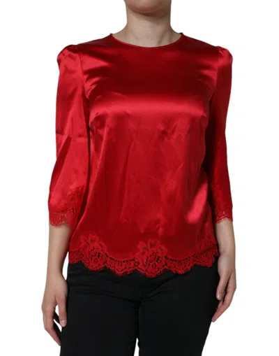 Pre-owned Dolce & Gabbana Red Satin Lace Trim Round Neck Blouse Women's Top ()