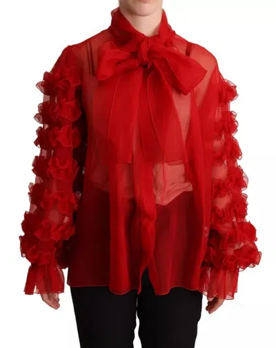 Pre-owned Dolce & Gabbana Red Silk Ascot Collar Ruffles Blouse Women's Top ()