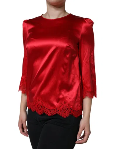 Pre-owned Dolce & Gabbana Red Satin Lace Trim Round Neck Blouse Women's Top ()