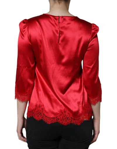 Pre-owned Dolce & Gabbana Red Satin Lace Trim Round Neck Blouse Women's Top ()