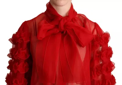 Pre-owned Dolce & Gabbana Red Silk Ascot Collar Ruffles Blouse Women's Top ()