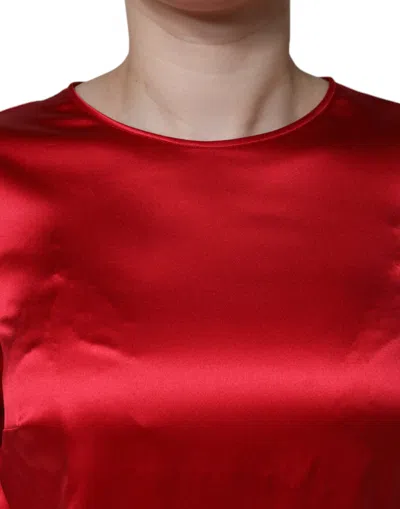 Pre-owned Dolce & Gabbana Red Satin Lace Trim Round Neck Blouse Women's Top ()