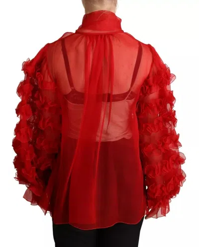 Pre-owned Dolce & Gabbana Red Silk Ascot Collar Ruffles Blouse Women's Top ()
