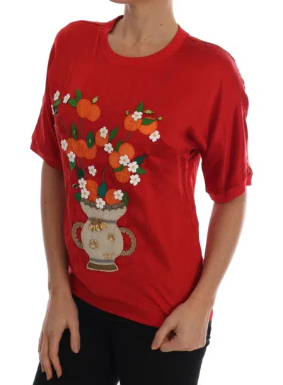 Dolce & Gabbana Red Silk Orange Vase Crystal Top In Red