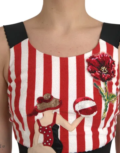 Dolce & Gabbana Red White Floral Sleeveless Sheath Midi Dress In White And Red