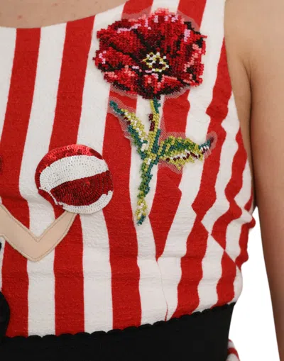 Dolce & Gabbana Red White Floral Sleeveless Sheath Midi Dress In White And Red