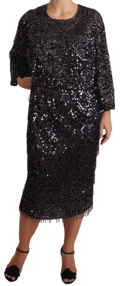 Dolce & Gabbana Black Sequined Long Sleeve Shift Midi Dress In Black