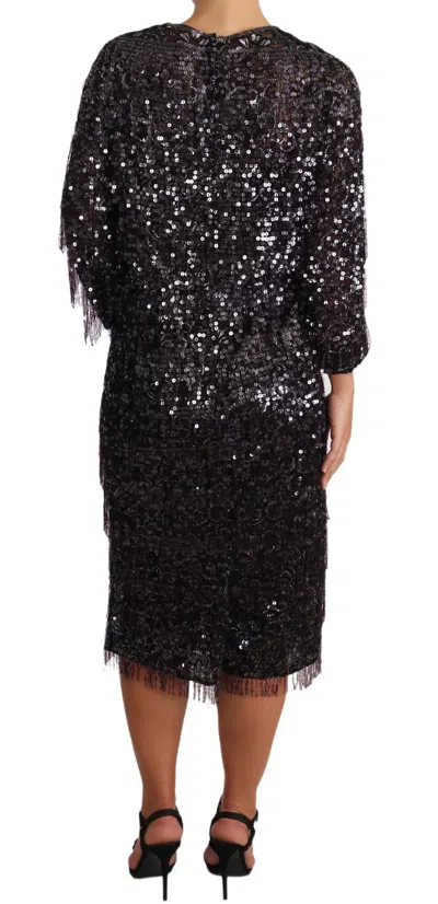 Dolce & Gabbana Black Sequined Long Sleeve Shift Midi Dress In Black