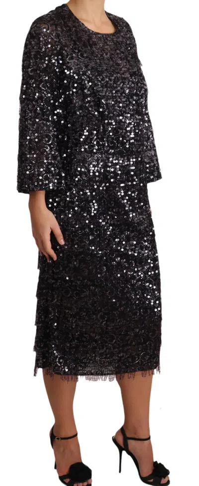 Dolce & Gabbana Black Sequined Long Sleeve Shift Midi Dress In Black